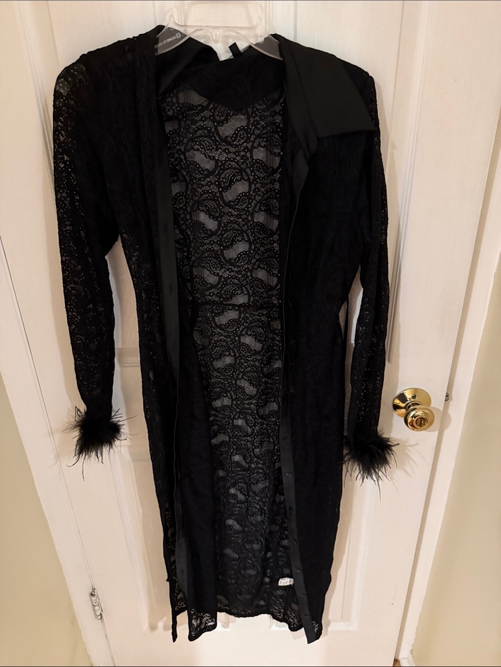 Fashion Nova Sheer Black Lace Duster Robe with Feather Cuffs